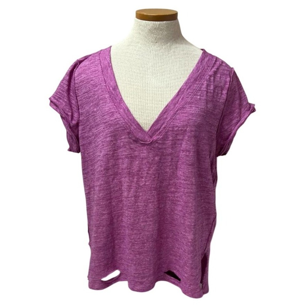 Free People T-Shirt Women Purple New Distressed Cut Design V-Neck Oversized